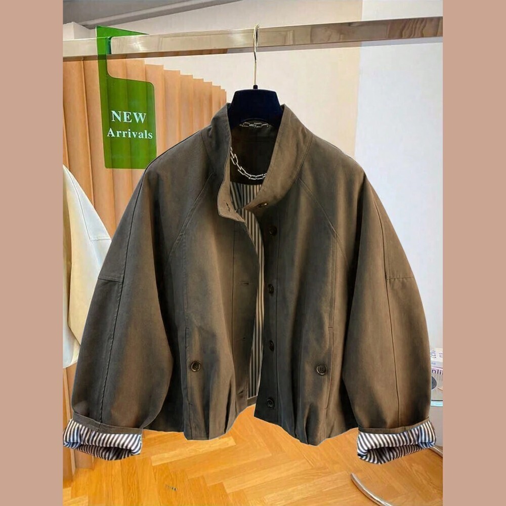 Brown Stand Collar Cropped Windbreaker Jacket with Striped Cuffs